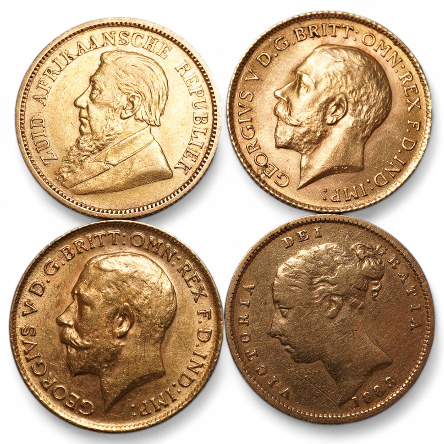 Gold coins, two George V gold half sovereigns, good VF, a Victoria gold half sovereign, 1883, fine, and a South Africa gold half pond 1896, good VF (4)